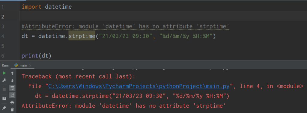 Attributeerror module datetime has no attribute strptime error