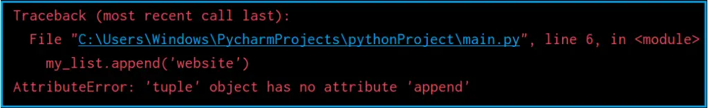 Attributeerror tuple object has no attribute append example error