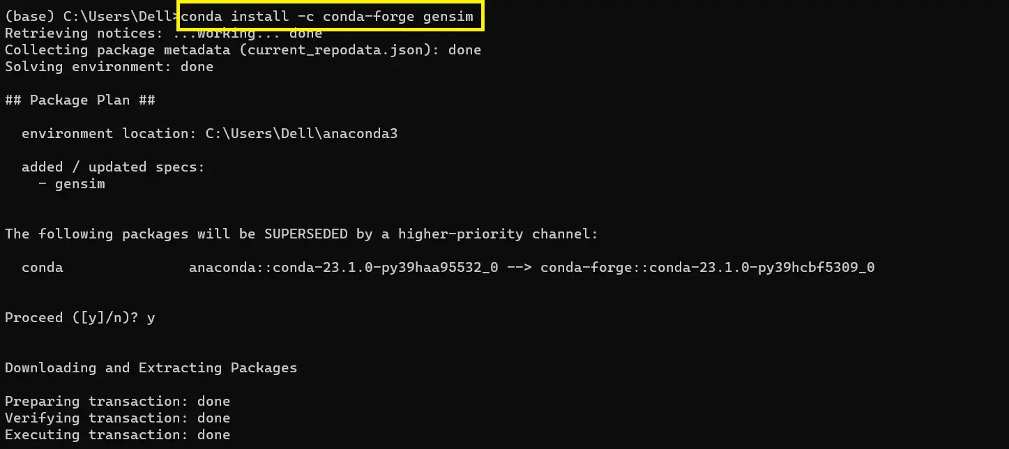 install gensim for conda in modulenotfounderror no module named 'gensim'