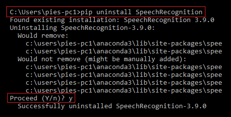pip uninstall SpeechRecognition - Modulenotfounderror: no module named speech_recognition