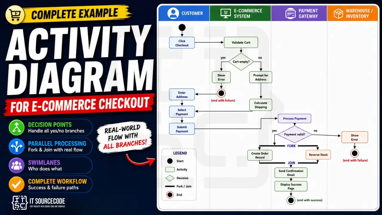 Activity diagram for e-commerce checkout with decision nodes and swimlanes