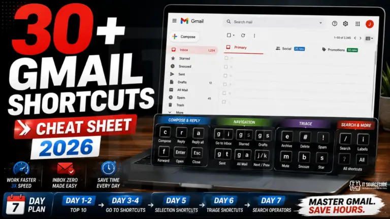 Gmail keyboard shortcuts cheat sheet with key bindings