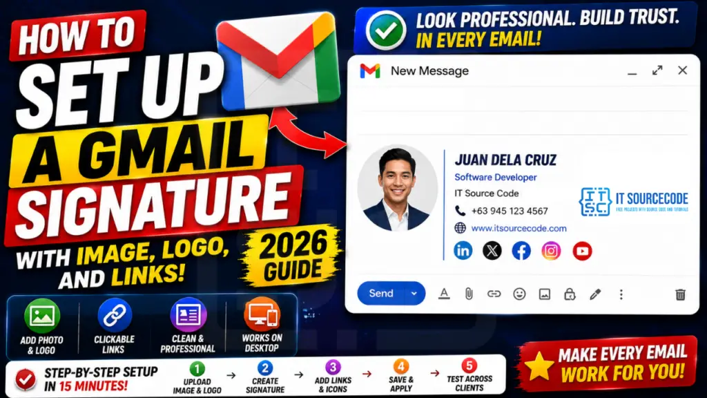 Professional Gmail signature with image, logo, and social media links