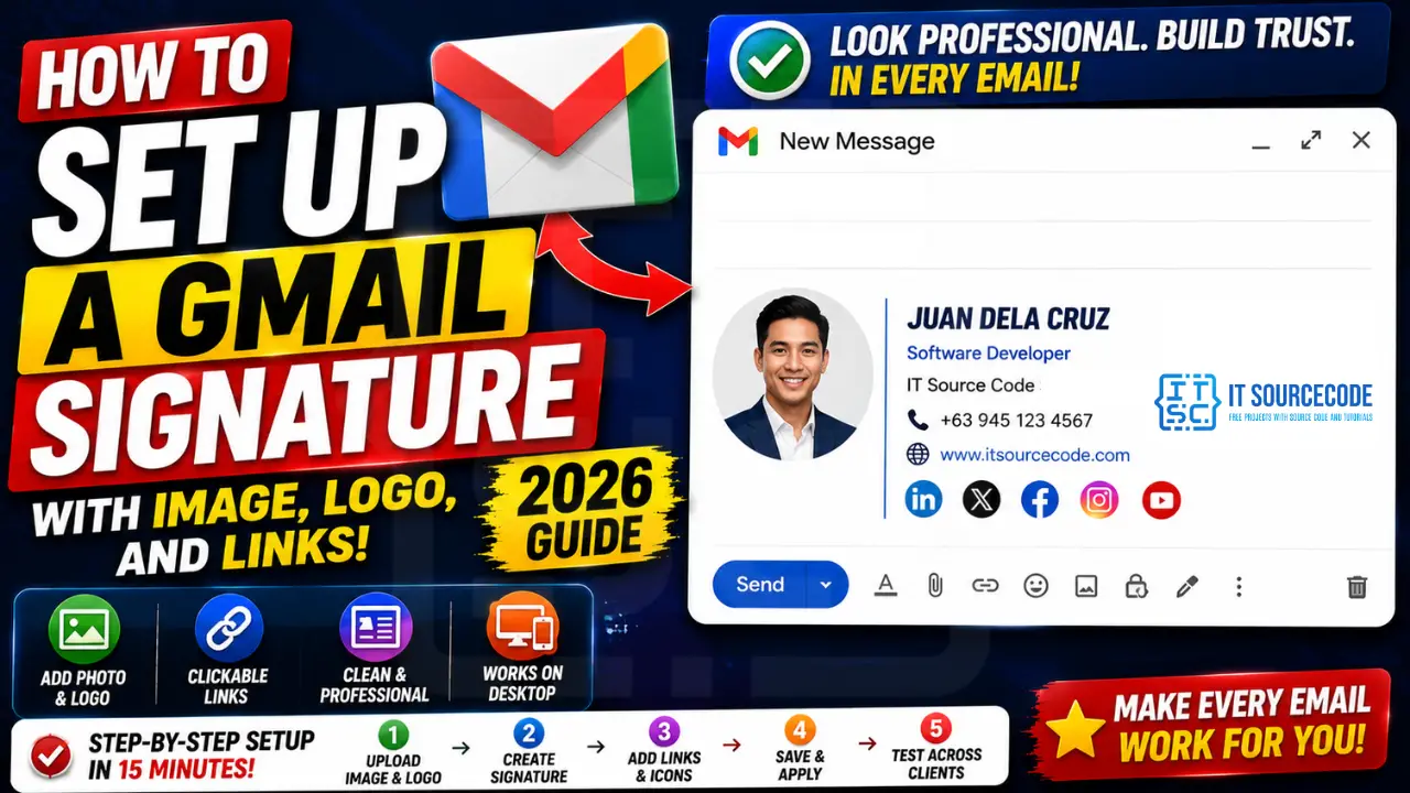 Professional Gmail signature with image, logo, and social media links