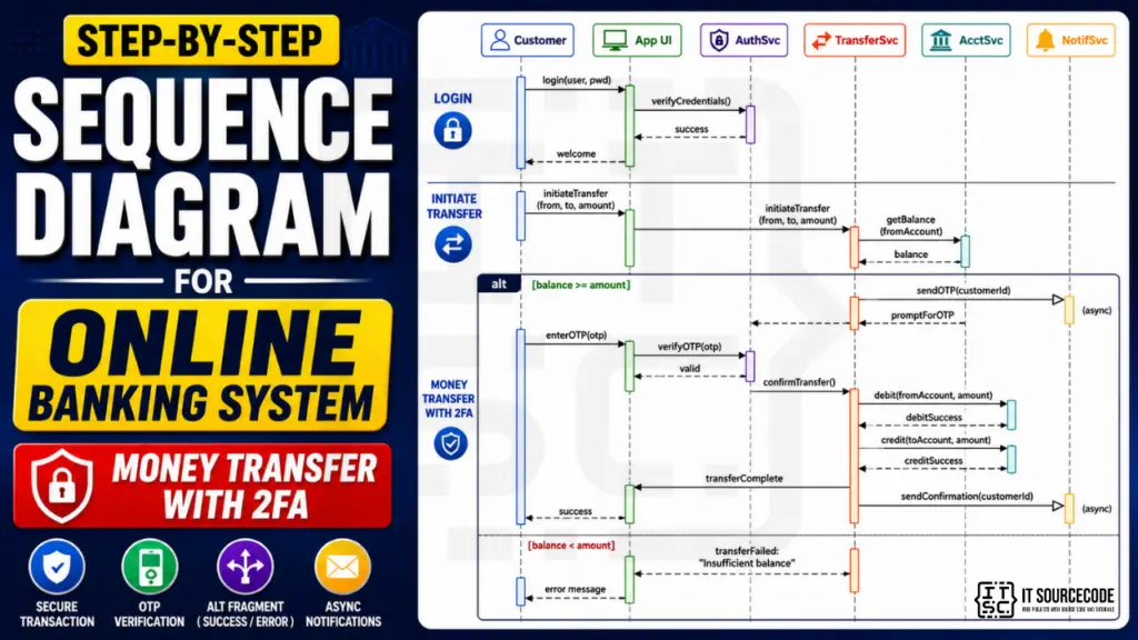 Sequence diagram for online banking system money transfer workflow