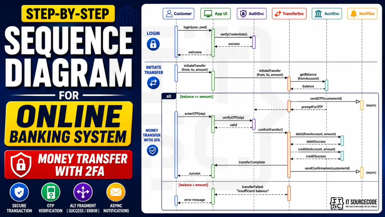 Sequence diagram for online banking system money transfer workflow