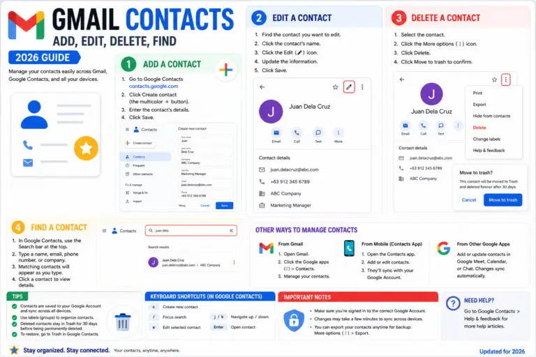 Gmail Contacts: Add, Edit, Delete, Find (2026 Guide)