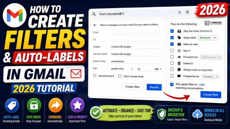 Gmail filter creation dialog with sender, subject, and action options