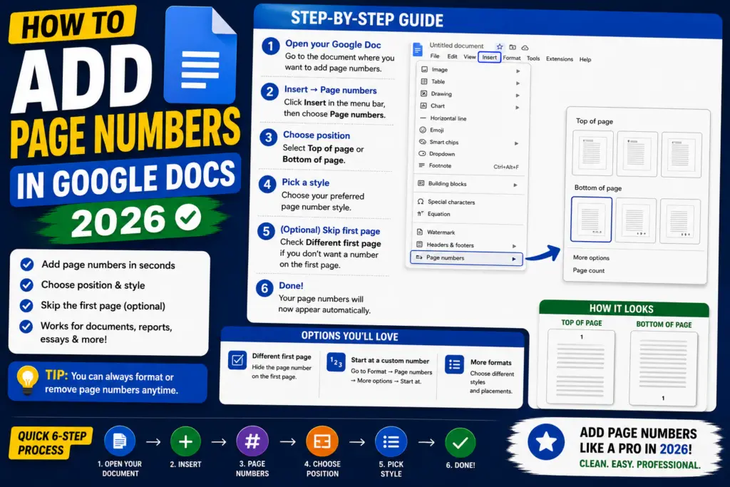 How to Add Page Numbers in Google Docs (Skip First 2026)