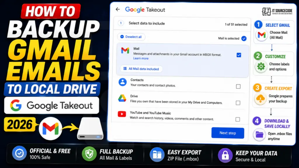 Google Takeout export page with Gmail backup selected