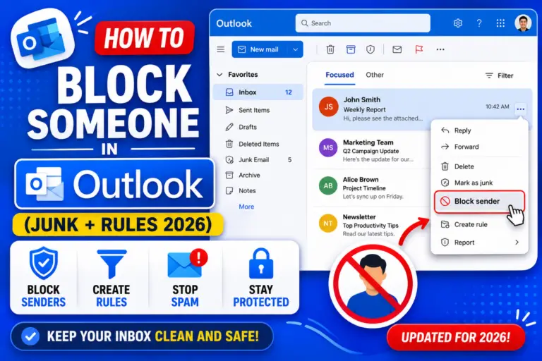 How to Block Someone in Outlook (Junk + Rules 2026)