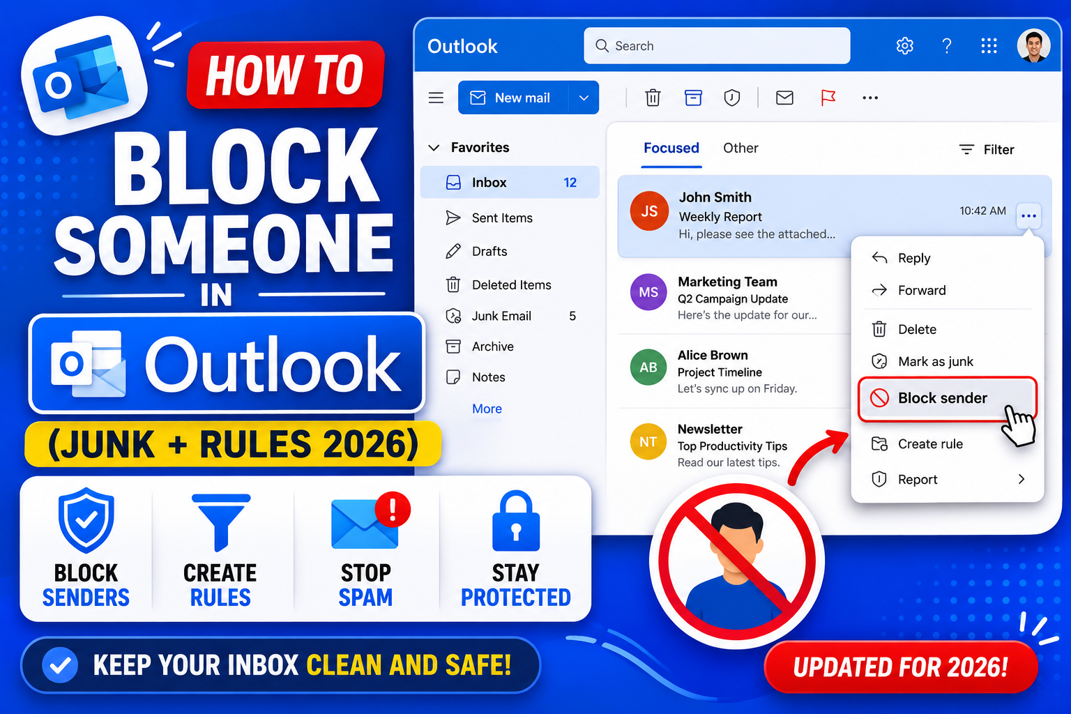 How to Block Someone in Outlook (Junk + Rules 2026)