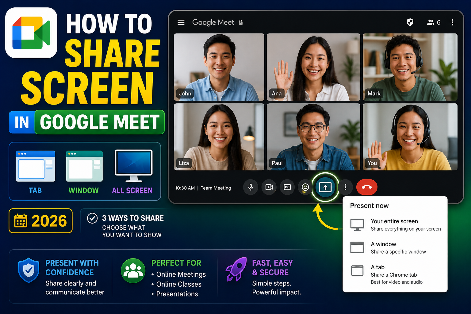 How to Share Screen in Google Meet (Tab / Window / All, 2026)