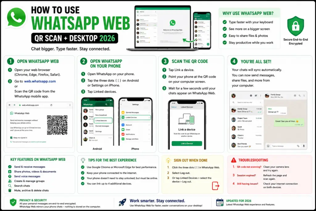 How to Use WhatsApp Web (QR Scan + Desktop 2026)