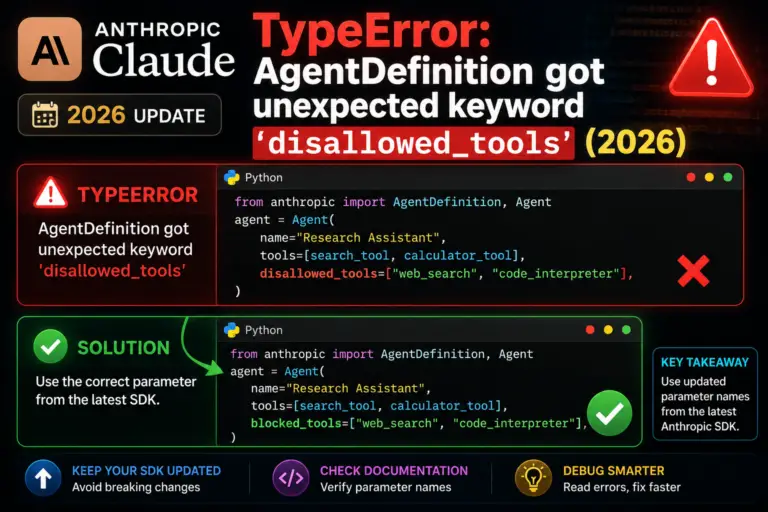 TypeError: AgentDefinition got unexpected keyword 'disallowed_tools' (2026)
