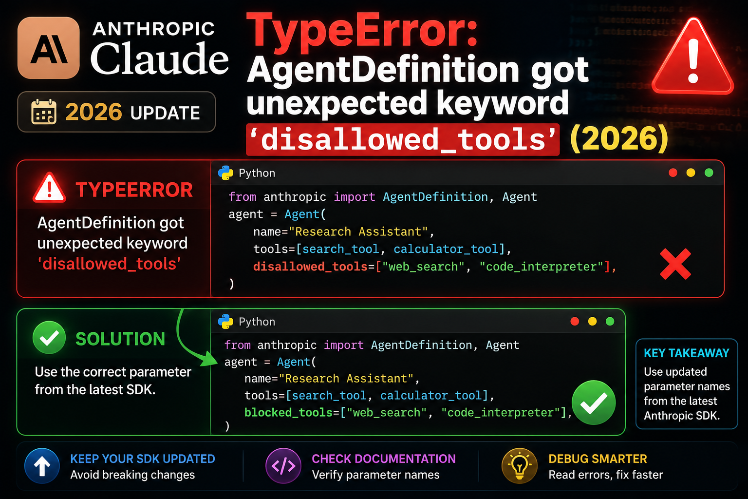TypeError: AgentDefinition got unexpected keyword 'disallowed_tools' (2026)