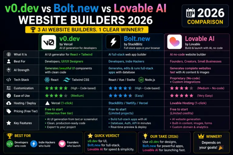 v0.dev vs Bolt.new vs Lovable AI Website Builders 2026