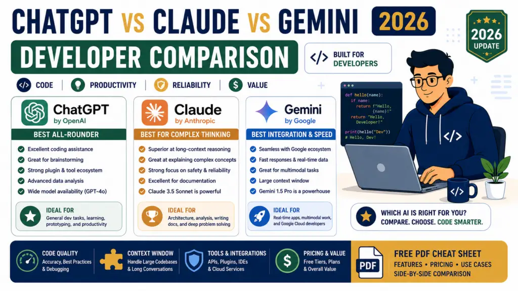 ChatGPT vs Claude vs Gemini 2026: Developer Comparison