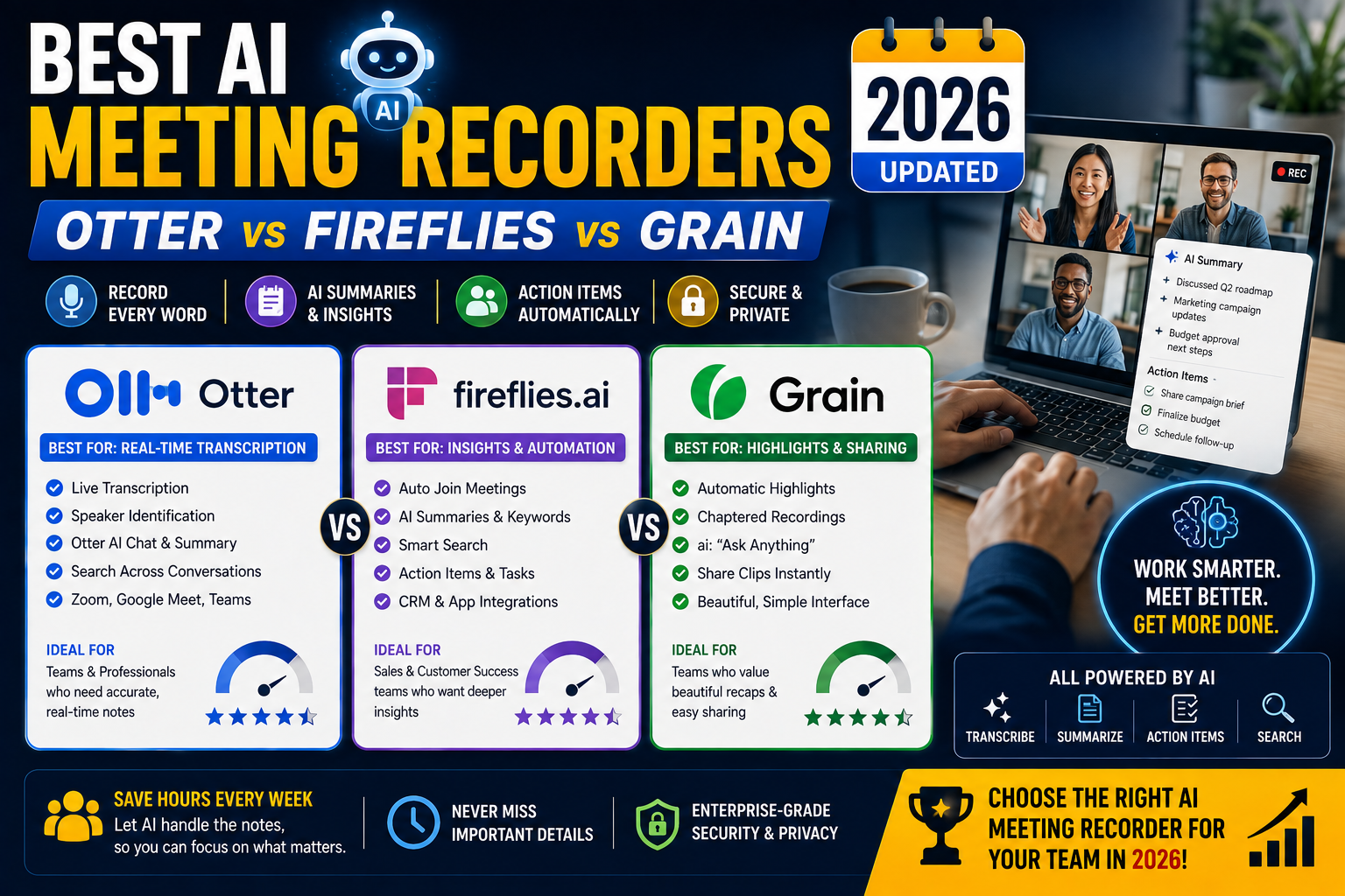 Best AI Meeting Recorders: Otter vs Fireflies vs Grain 2026